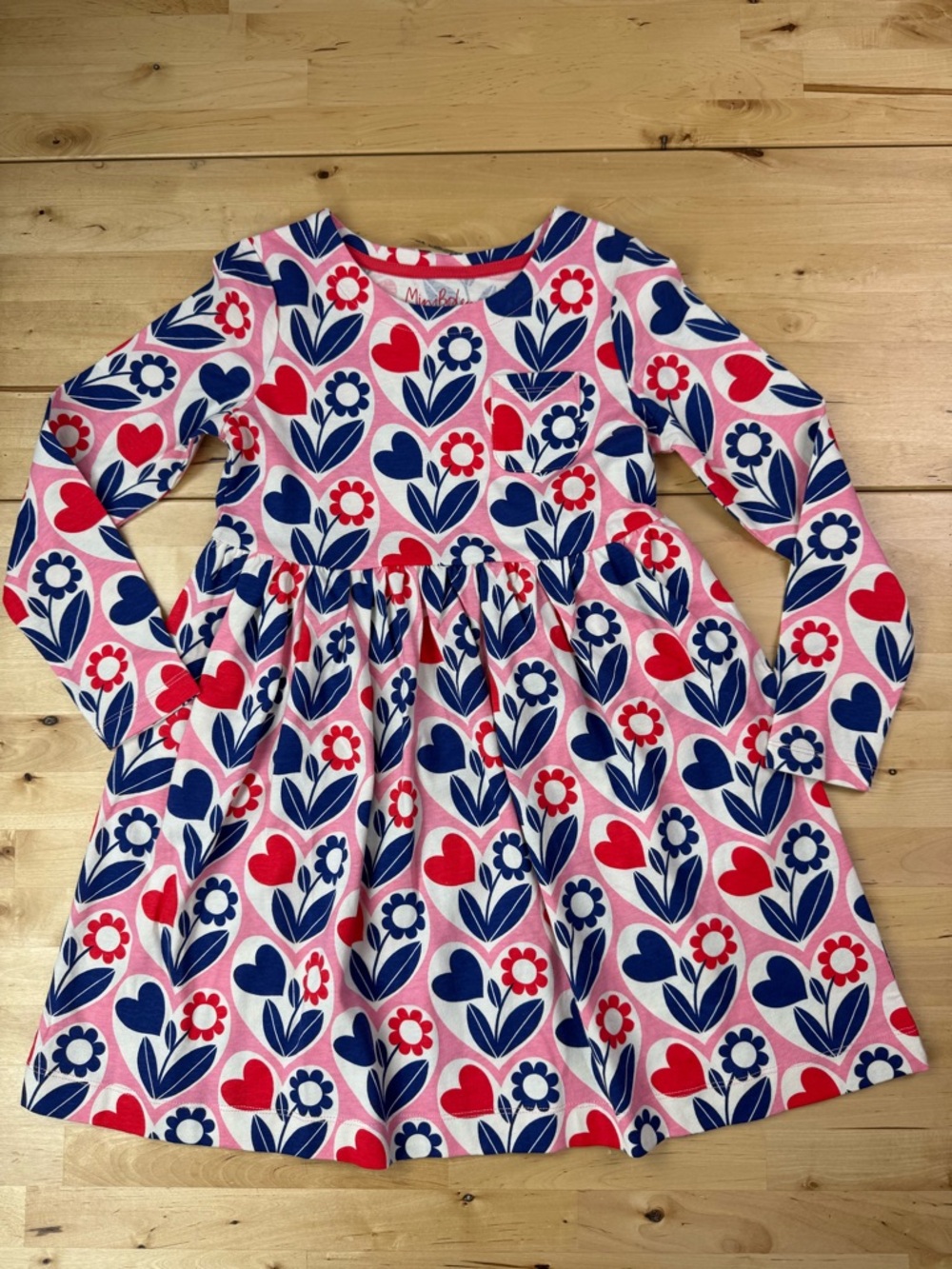 Mini Boden Jersey Dress Hearts Flowers Pink Red Blue Size 7-8 Y Pockets